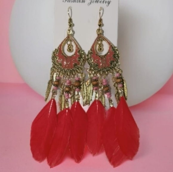 Feather earrings for women, vintage bohemian style with dreamcatcher .5 Inches - Picture 3 of 6